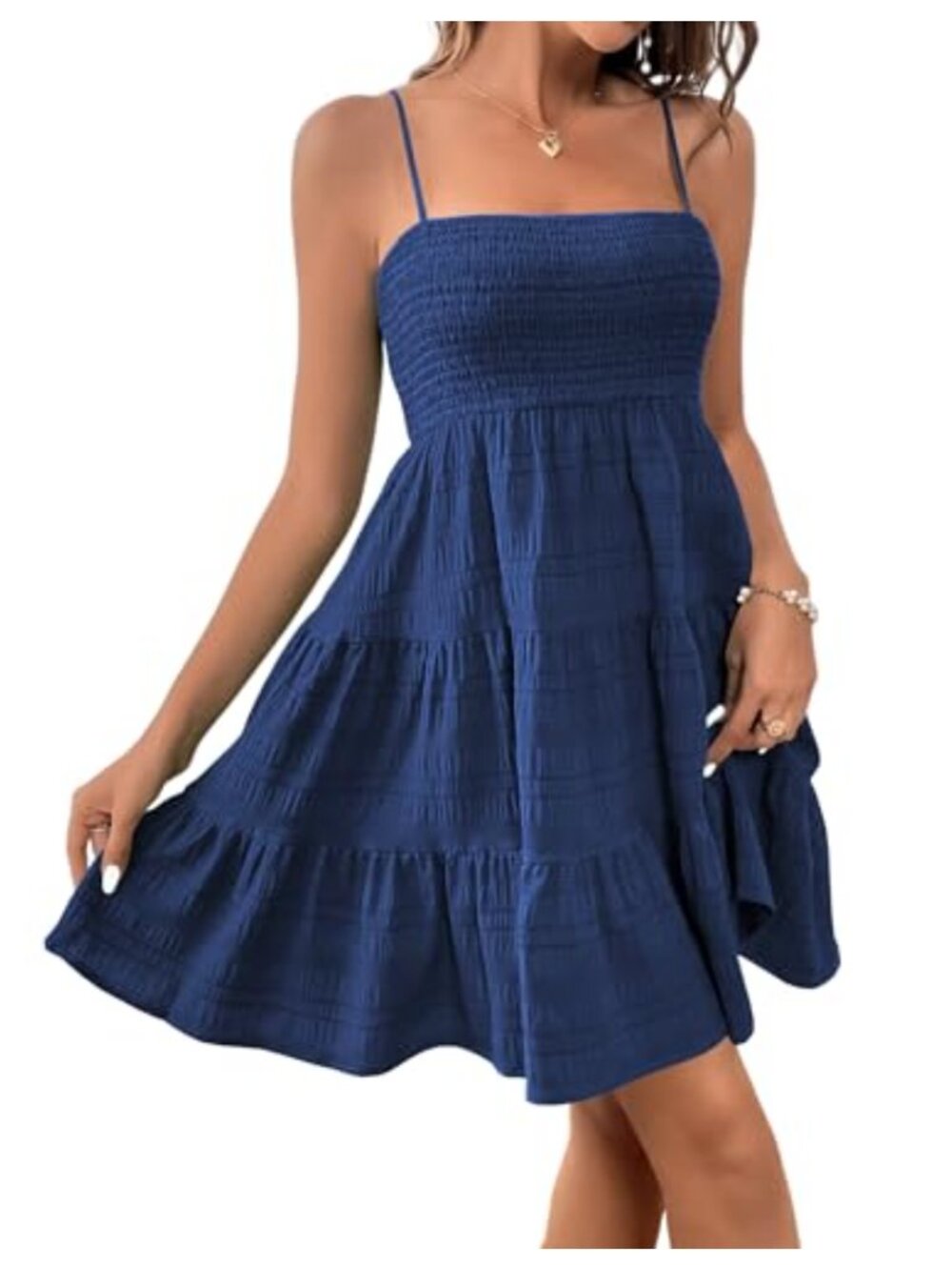 Women Summer Spaghetti Strap Smocked A-Line Flowy Swing Mini Dress